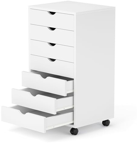 7 Drawer File Cabinet, Under Desk Storage Organization with Wheels, Mobile Filing Chest for Small Desk Printer Stand for Home Office, White
