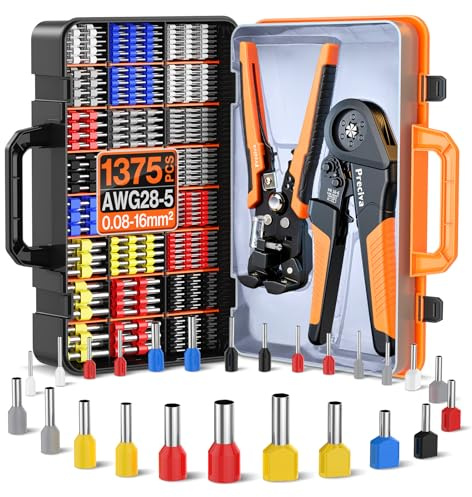 Preciva Kit Crimpadora con Pelacables, Pela Cables Electricista Automático, Crimpadora Terminales Electricos 0,08-16 mm² con 1375 Punteras, Alicates para Terminales Cables Electricos