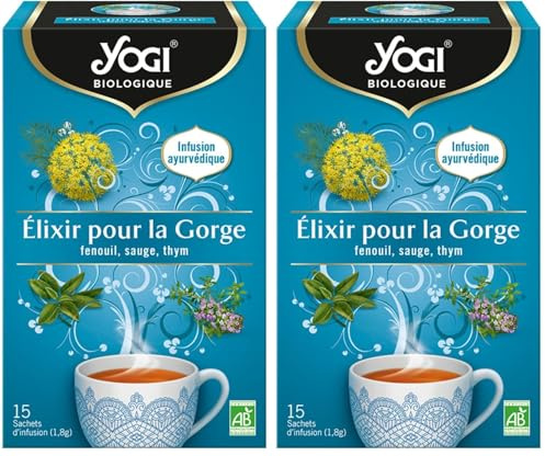 Yogi Biologique Elixir pour la Gorge, Infusion 100% Bio Fenouil, Sauge et Thym, 15 Sachets thermosoudés et sans agrafe, 21.6 g, 311316 (Lot de 2)