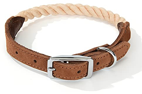 Mile High Life Premium Cotton Rope Dog Collar, Stainless Steel Pin Buckle Ring and Genuine Leather Belt Collar for Medium Large Dogs(Light Brown, Large Neck 17-21 -55 lb)
