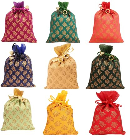 Touchstone NEW Traditional Indian Handcrafted Attractive Petals Pattern Fancy Shopping Gifts Jewelry Wedding Vibrant Multicolor Sweet Distribution Drawstring Bags Set Of 9 For Women.