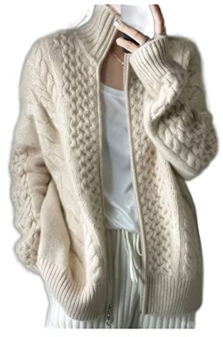 VATIVA Mujer suéter de cachemira 100% suelto fino con cremallera suéter grueso de cuello alto de cachemira tejido Cardigan (Color: ECRU, Talla: XL)
