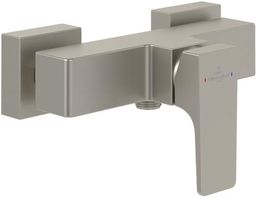 Villeroy & Boch Architectura Square - Miscelatore doccia con protezione antiriflusso e cartuccia in ceramica, miscelatore monocomando per montaggio a parete, rettangolare, nichel spazzolato opaco
