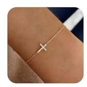 Cross Bracelet for Women,Dainty Gold Bracelet 14k Gold Plated CZ Sideways Cross Bracelets Adjustable Chain Bracelet Cute Gold Bracelets for Women Trendy Jewelry Baptism Gifts