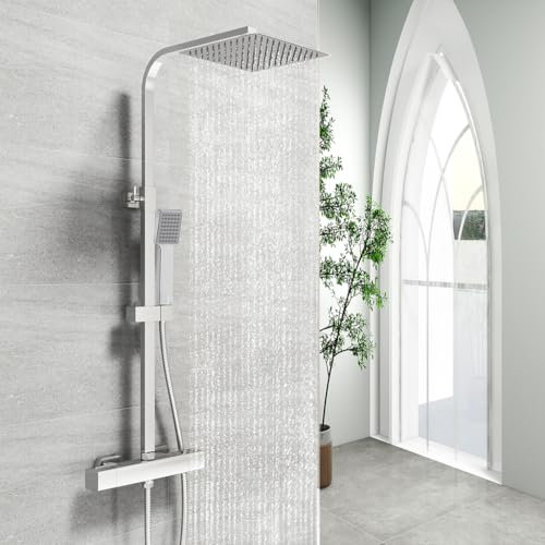 OCEAN ITALY Kit Doccia con Soffione Quadrato 25x25cm in Acciaio Inox, Colonna Doccia con Miscelatore Termostatico 280x40mm, Saliscendi Regolabile 74-128cm Cromo