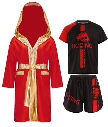 Kaerm Kinder Junge Kampfsport Kleidung Muay Thai Anzug Langarm Boxer Mantel Boxen Kapuzenuamhang Mit Sportshirt Shorts Boxer Kostüm Fitness Rot 158-164