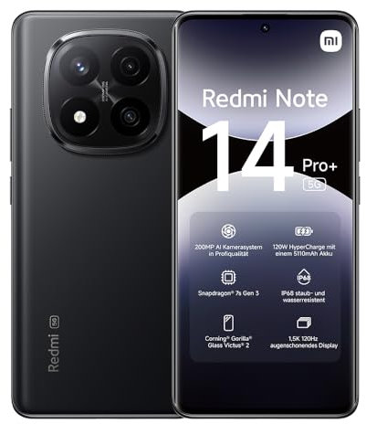 Xiaomi Redmi Note 14 Pro+ 5G - Smartphone de 8+256GB, Pantalla de 6.67 AMOLED FHD+ 120Hz, Snapdragon 7s Gen 3, cámara de 200MP, HyperCharge 120W, 5110 mAh, Cargador no Incluido, Negro (Versión ES)