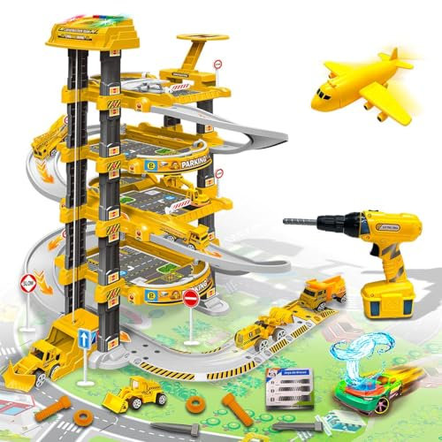 Xwin Sportseries 4-Story Parking Garage Playset with Electric Lift, 6 Pcs Construction Drill Tool Set for Kids, Educational Pretend Play Toy with Cars and Tools, for 3+ Years