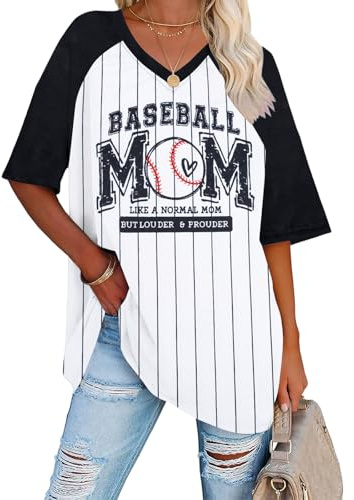 JINTING Womens Baseball Mom Shirts - Oversized V Neck Mom Baseball Shirt Baseball Heart Graphic Letter Print Casual Tops Tees White