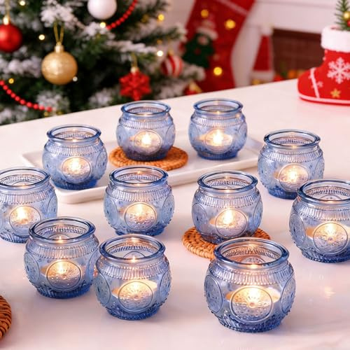 12 piezas de portavelas votivas azules, portavelas de vidrio para velas tealight para despedida de soltera, fiesta, decoración del hogar, centro de mesa (12, azul)