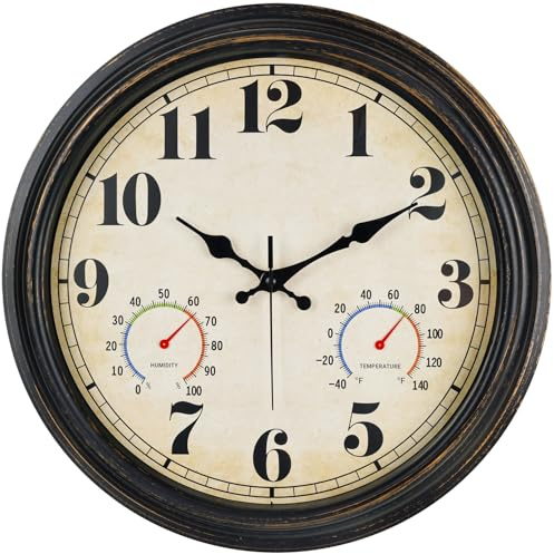 zyzamay 16 Inch Outdoor Clock with Thermometer and Hygrometer,BlackGold