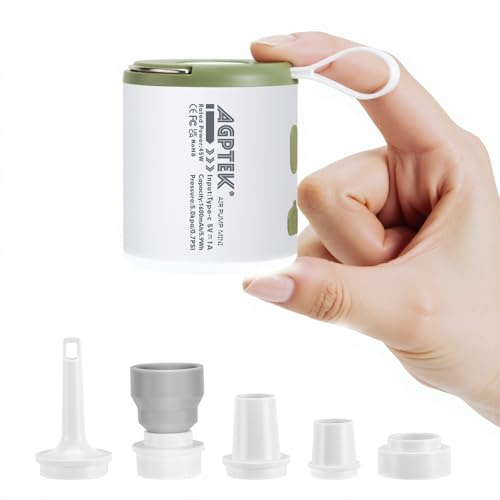 AGPTEK Bomba de Aire Portátil 5.5kPa, Inflador Recargable con LED | 5 Boquillas, 1600mAh, Diseño Magnético, Infla/Desinfla Colchones, Flotadores y Camping, Ultraligera y Portátil
