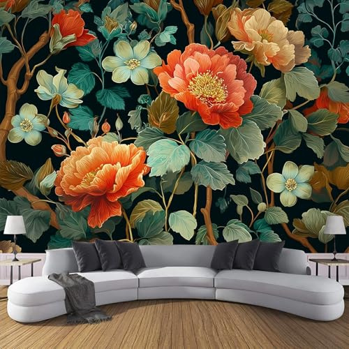 Murales Papel Pintado Salon Estilo Acuarela 400 × 280 Cm Fotomurales 3D Peonía Clemátide Tejido Papel Tapiz Fotográfico Decorativos Murales Dormitorio Oficina Hotel,Verde