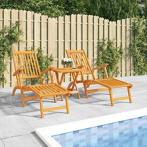 Holamys Lettini da giardino in legno massello di acacia, pieghevoli e regolabili, set da 2 con tavolino per terrazza e piscina, comode sedie a sdraio con poggiapiedi per ore rilassanti all'aperto