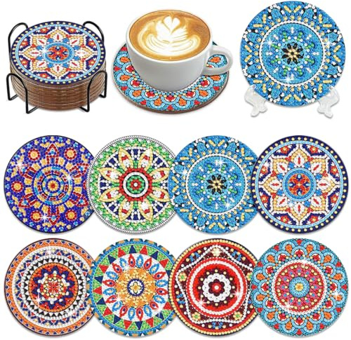 Fokenzary Set di 8 sottobicchieri mandala con supporto, kit artistico con diamanti 5D, per principianti, riduzione dello stress, per adulti, forniture artistiche e artigianali (Mandala)