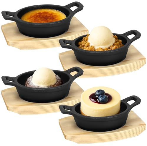 4 Sets Mini Cast Iron Skillet, Small Cast Iron Skillet with Wooden Base Small Round Pan Fajita Pot for Cooking (3.9 Inch)