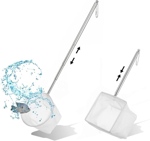 2PCS Aquarium Fish Nets - Round Square Fish Tank Net - Extendable Metal Handle Net - Polyester Mesh Betta Fishing net - Long Reach Aquarium Cleaning Tool - White Nets