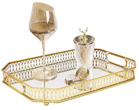 Lilyeriy Gyllene dekorativ spegelbricka, 35 x 25 cm rektangulär bricka, för skänkar och toalettbord, lämplig för förvaring av dekoration, frukt, parfym och tillbehör