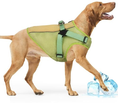 Abrigo de enfriamiento para perro con arnés incorporado, chaqueta refrescante transpirable con tiras reflectantes, abrigo de arnés de verano con protección solar para perros que no soportan bien el
