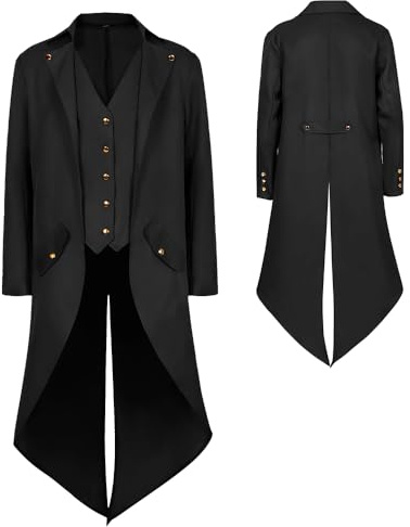 YQVGFBY Men's Gothic Steampunk Tailcoat Men,Medieval Victorian Vintage Jacket Uniform Long Tuxedo,Renaissance Pirate Vampire Party Cosplay Costumes for Adults Men (Black, S)