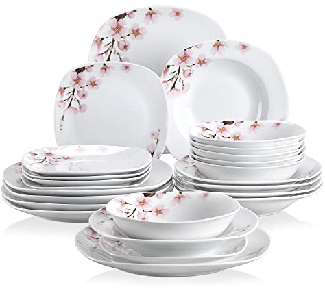 VEWEET Geschirrset 6 Personen, ANNIE 24-teilig Porzellan Geschirr Set, Tafelservice Kombiservice mit je 6 Speiseteller, Dessertteller, Suppenteller und Müslischalen, Tafelservice 6 Personen