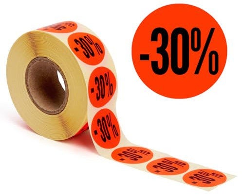 POKORNYS – Aktionsetiketten “-30%” I Etiketten für reduzierte Ware I 1.000 selbstklebende Rabattaufkleber in leuchtendem Rot I permanent haftende, runde Klebeetiketten mit Ø 32mm