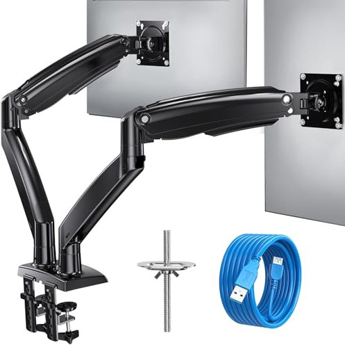 HUANUO Monitor Halterung 2 Monitore für 13-40 Zoll Bildschirme, Dual Monitor Arm Gasdruckfeder, Monitorständer VESA 75 & 100 mm, C-Klemme und Tüllenbefestigung, Erhöhte Tragfähigkeit von 2-12 kg
