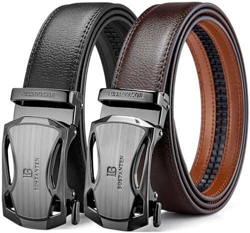 BOSTANTEN Mens Belt Leather 2 Pack Ratchet Belt For Men Dress and Casual with Adjustable Buckle, Trim to Fit