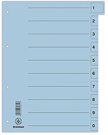 DONAU 8611001-10 Trennblätter 50er Pack/Farbe: Blau/Karton-Register überbreit Aus Recycling-Karton/für DIN A4 4-Fach Lochung Trennlaschen Trennblätter Ordner Register/Blauer Engel/Made in EU