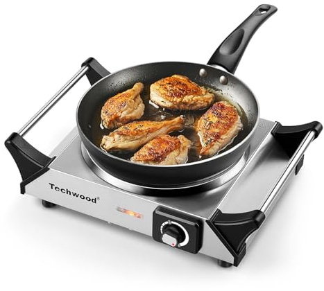 Hot Plate, Techwood Single Burner for Cooking, 1500W Countertop Electric Stove with Adjustable Temperature & Stay Cool Handles, 7.3 Cooktop for RV/Home, Upgraded Version Silver