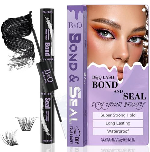 Bond and Seal Lash Glue Waterproof 10ml, Lash Bond and Seal for Cluster Lashes Bond and Seal Black Eyelash Glue for DIY Lash Extension Hold 48-72 Hours Mascara Wand Latex Free (Black 10ml)