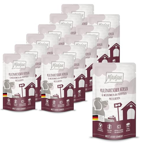 MjAMjAM - Premium Nassfutter für Hunde - Quetschie - kulinarischer Hirsch & Wildschwein an fruchtigen Preiselbeeren, 12er Pack (12 x 125g), getreidefrei mit extra viel Fleisch