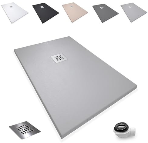 Plato de Ducha Antideslizante 80x140cm - Resina Resistente a Agentes Químicos - Antibacteriano - Incluye Rejilla Desagüe y Válvula Sifón - Ral 7030 Cemento