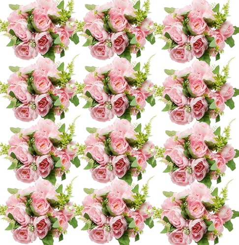 Nagobi Pink Peonies Artificial Flowers, 12 Bundles Fake Peonies Silk Flowers Faux Peonies Flowers Realistic Bouquet for Wedding Home Centerpiece Table Decoration
