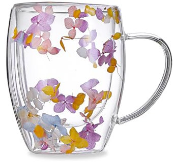 Billowvolve 350ML Trockene Blume Doppelwand Glas Kaffeetasse Teetasse Kristall Hitzebeständig mit Löffel, Schöne Teeglas Doppelwandig für Mutter, Oma, Freundin, Schwester