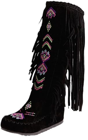Generisch Botas de estilo occidental para mujer, con flecos, con flecos, con flecos, hasta la rodilla, botas planas largas para la nieve con borla, Negro , 36 EU