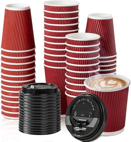 Cherypick Coffee Cups with Lids 8oz/240ml, 30 Pack Disposable Paper Cups, Ripple Wall Heat-Resistant Takeaway Cups, Leak-Resistant for Hot and Cold Drinks, Coffee, Tea, Office, Parties and Events