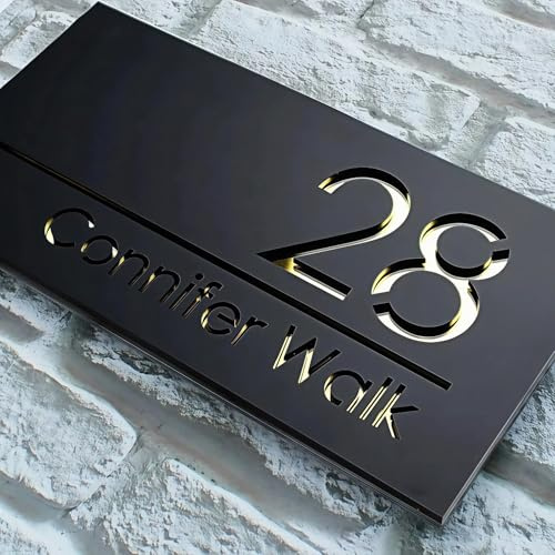 Numeri Civici 3D Personalizzati per Esterno, Targhetta in Acrilico Taglio Laser Impermeabile, Facile da Installare, 4 Colori su Sfondo Nero Opaco, 3 Misure(Gold,11”)