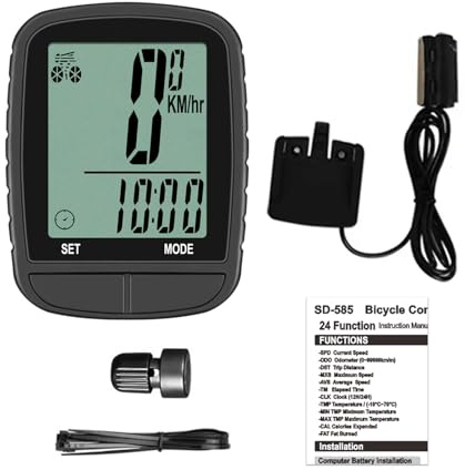 MechKit Computadora para Bicicleta, 24 Funciones Auto Sleep Wake Up Backlight ABS Bike Velocímetro Odómetro (585 Negro con Cable)