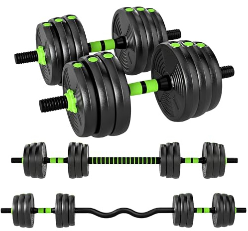 SPORTNOW Set di Manubri Palestra Regolabili 3 in 1 da 20 kg, Pesi Palestra con Impugnatura Antiscivolo in Plastica e Sabbia, come 2 Manubri, Bilanciere Palestra, Allenamento Forza Fitness Casa, Verde