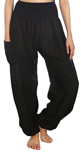 Lofbaz Femmes Rayonne Impression Smocked Taille Boho Harem Pantalon Solid Noir 3XL