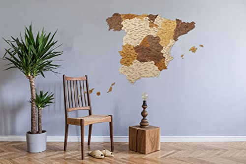 2D Träkarta över Spanien – flerskiktad, flerfärgad färgat trä, graverade namn – väggdekoration för ditt kontor, vardagsrum, hall (98 x 80 cm (38,6 x 31,5 tum)