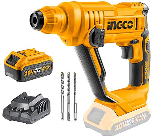 Martillo Perforador Inalámbrica INGCO 20V 4.0 Ah Batería Professional con 3 brocas SDS-Plus, 1.5J Φ13 máxi en hormigón, 2 en 1 rotación, luz LED