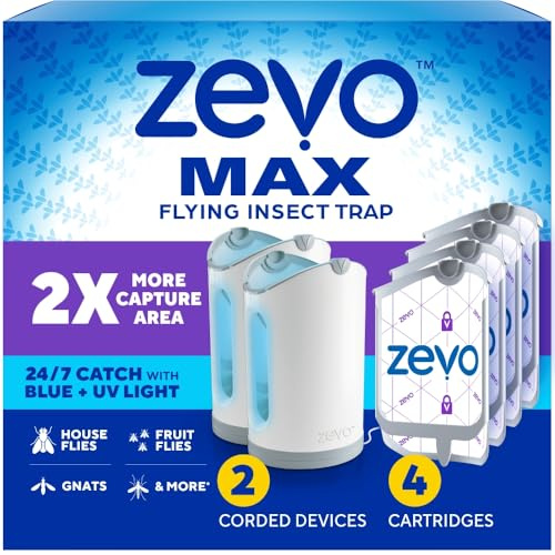 Zevo MAX insekts- och flugfälla för inomhus, flygande insektsfälla för myggor, hus och fruktflugor, använd i alla rum, utan röra (2 baser)