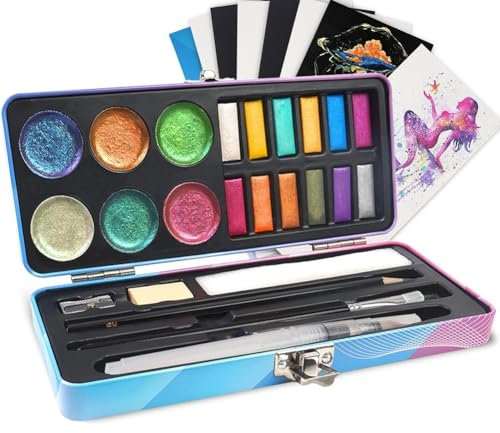 Qbkohphifm Watercolor Paint Set, 18 Color Glitter Watercolor Paint Kit (12 Metallic & 6), Portable Travel Set with Brush Easy to Use