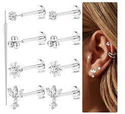 Chriscoco Surgical Steel Threadless Push-in Labret & Tragus Piercing Jewelry - Flat Back Nose Studs for Helix, Lip, Medusa 16G/18G/20G 6/7/8mm