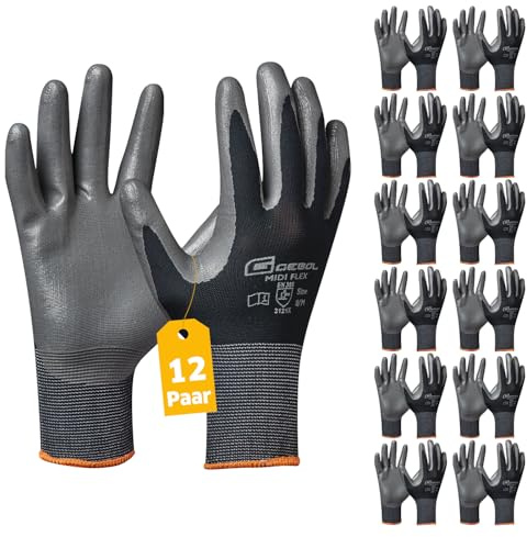 Gebol Midi Flex Lot de 12 paires de gants de travail pour homme, gants de montage revêtus de nitrile pour travaux humides et huilés, gants antidérapants pour atelier et jardin, taille L (taille 9