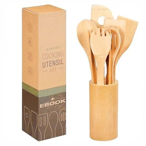 Set d’Ustensiles de Cuisine en Bambou - Ensemble de 8 Pièces, Naturel, Durable et Écologique - Spatules, Cuillères et Pinces en Bois pour la Cuisson et le Service