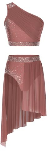 JEATHA Dam, asymmetrisk lyrisk danskostym, klänning, strass, ärmlös, crop top med danskjol, dans, outfit, gymnastikdräkt, dansklänning, konkurrens, kostym, Dämpad rosa, M