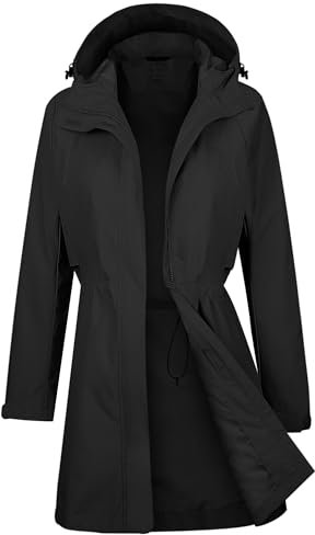 ATLASLAVA Regenmantel Damen Regenjacke wasserdicht Lang mit Kapuze Gefütterte Mantel Windbreaker Leicht Outdoor Jacke Schwarz M